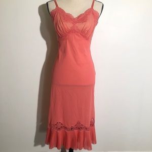 Vintage 1950’s coral pink slip / dress with lace and pleated ruffle bottom